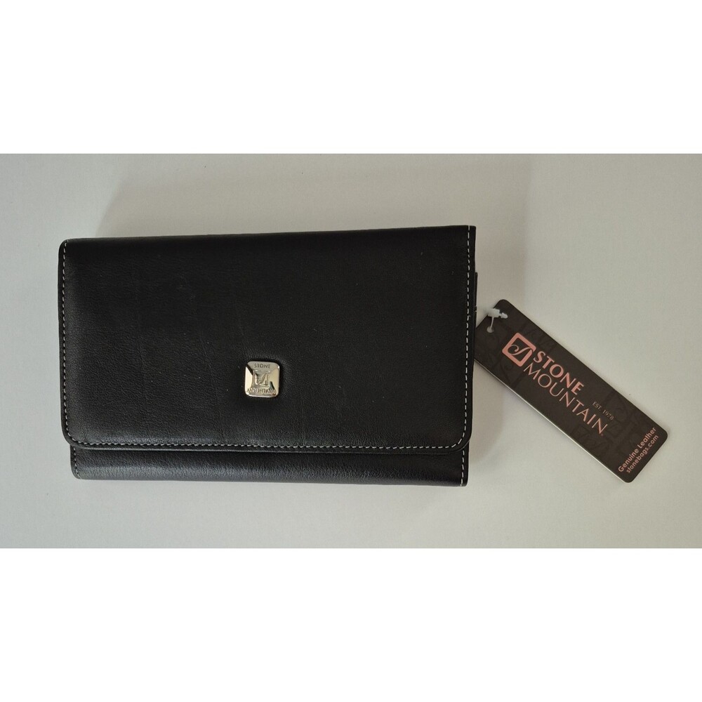 Stone Mountain Black Genuine Leather Tri Fold Checkbook Wallet Clutch Flap